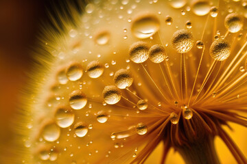 water droplets on the seeds of a dandelion in beautiful evening light. Generative AI