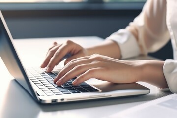 Close up, woman hands typing on laptop computer keyboard, surfing the internet on office table, online, working, business and technology, internet networking, telecommuting concept
