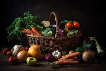 Assorted organic vegetables in wicker basket Generative AI