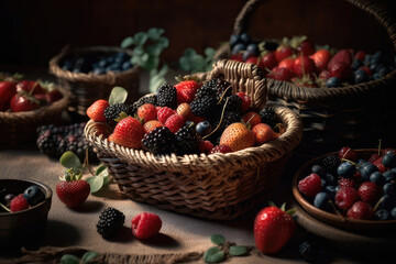 Fototapeta na wymiar Assorted organic berries in wicker basket Generative AI