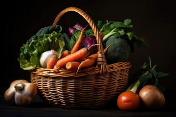 Assorted organic vegetables in wicker basket Generative AI