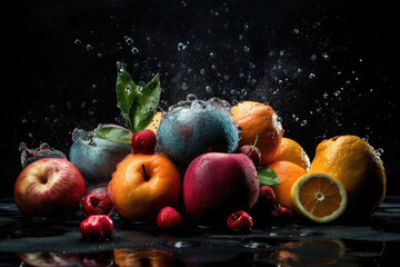 Fototapeta na wymiar Fruits on black background with water splash Generative AI