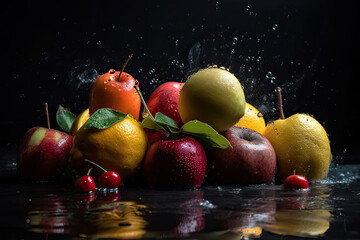 Fototapeta na wymiar Fruits on black background with water splash Generative AI