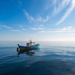 Fototapeta premium Lonely boat on a calm sea - AI Generative