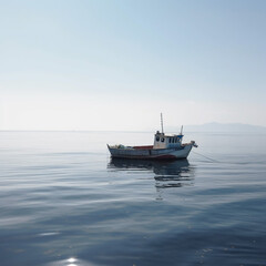 Naklejka premium Lonely boat on a calm sea - AI Generative