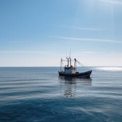 Lonely boat on a calm sea - AI Generative
