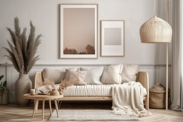 Scandi Boho mockup frame on interior background, soft pastel hues. Generative AI