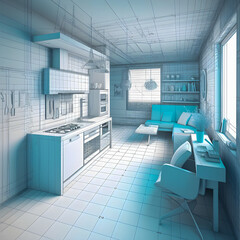 Fototapeta na wymiar Sketch and Blueprint, bright interior of a new apartment, hand drawn illustration, Generative AI