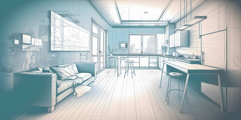 Fototapeta na wymiar Sketch and Blueprint, bright interior of a new apartment, hand drawn illustration, Generative AI