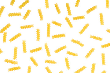 Fusilli spaghetti pattern, food background. Scattered raw pasta isolated on tansparent background, PNG. Ingredient for cook, traditonal italian cuisine. Banner, header, backdrop for restaurant menu