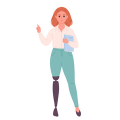 Woman with book. Woman with leg prosthesis. School teacher, librarian, business woman, office worker. Vector illustration in flat style