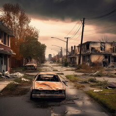 Obraz premium Post Apocalyptic town abandoned streets - AI Generative