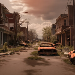 Obraz premium Post Apocalyptic town abandoned streets - AI Generative