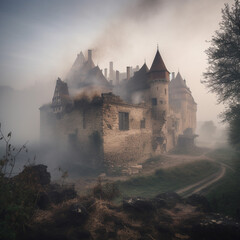 Fototapeta premium Fantasy medieval castle siege on a foggy day - AI Generative