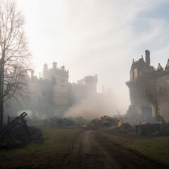 Fototapeta premium Fantasy medieval castle siege on a foggy day - AI Generative