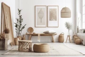 Scandi Boho mockup frame in white room with natural wooden furnishings. Generative AI