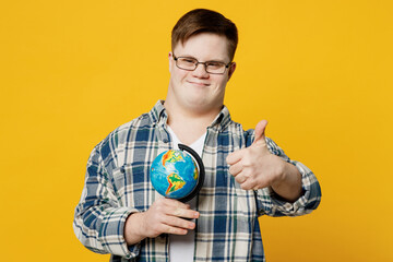 Young man with down syndrome wear glasses casual clothes look camera hold in hands Earth world...
