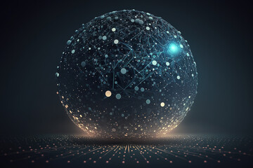 Sphere made of connected dots floating on a dark blue background. Made with generative AI.