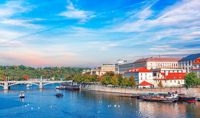 Naklejka na ściany i meble Scenic view of bridges on the Vltava river and of the historical center of Prague, Czech Republic.