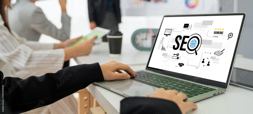 Poster seo search engine optimization for modish e-commerce and online retail business showing on computer 