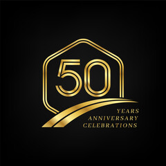 50 years anniversary. Lined gold hexagon and curving anniversary template.