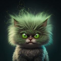 Generative AI of angry cat with crazy hair and green eyes