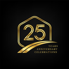 25 years anniversary. Lined gold hexagon and curving anniversary template.