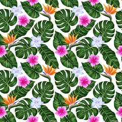 Tuinposter Tropical seamless pattern. Colorful vivid print with beautiful palm jungle leaves and flowes. Repeated luxury design for packaging, cosmetic, fashion, textile, wallpaper. Realistic high quality © Taity
