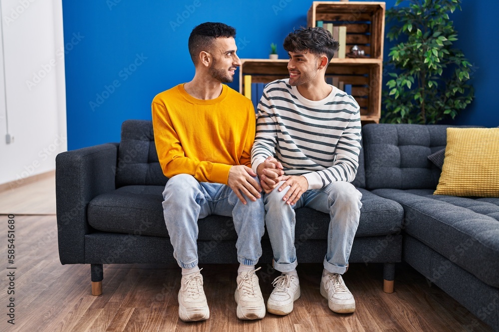 Sticker Two man couple sitting on sofa with hands together at home