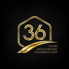 36 years anniversary. Lined gold hexagon and curving anniversary template.