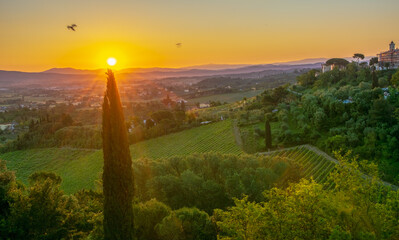 Sunrise in the Tuscan countryside Tuscany landscape near San Miniato. - Italy