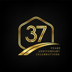 37 years anniversary. Lined gold hexagon and curving anniversary template.