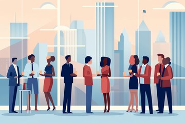 Flat illustration of diverse professionals networking at a business event, exchanging contacts, drinks, cityscape background, cool color scheme. generative ai