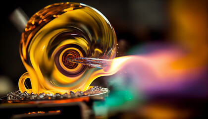 Glass blower forming beautiful piece of glass. A glass crafter is burning and blowing an art piece. - obrazy, fototapety, plakaty