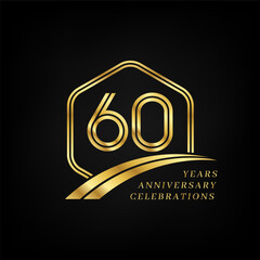 60 years anniversary. Lined gold hexagon and curving anniversary template.