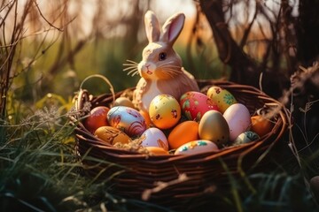 Easter eggs in basket with easter bunny on top. Chocolate rabbit with colorful decorated eggs in wicker basket in grass. Magical morning light, spring season holidays. Traditional egg hunt