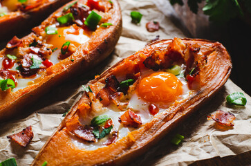 Baked Sweet Potato Stuffed with Egg, Bacon, and Green Onions on Wooden Rustic Background