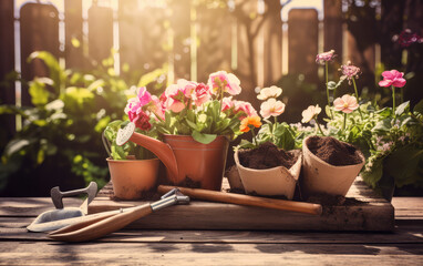 Fototapeta na wymiar Garden Flowers Plants and Tools on a Sunny Background. 