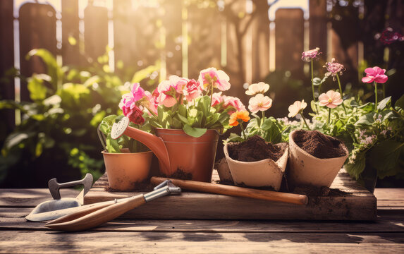 Garden Flowers Plants and Tools on a Sunny Background. 