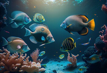 Underwater wild world.  Tropical fishes.  Image created with Generative AI technology