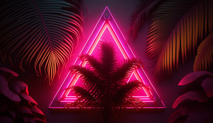 glowing neon pink triangle surrounded by tropical palm fronds and monstera leaves. Created with generative AI.