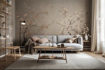 Beautiful gray and beige living room with wallpaper, carpet, and fabric couch. Classic Japanese interiors. Generative AI