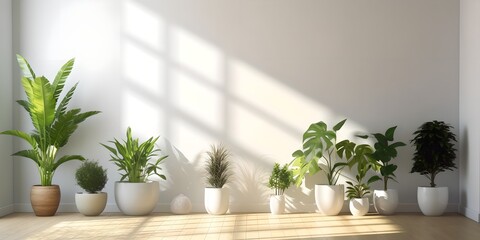 House plants against white wall mockup, group of fresh green home plants, creates healthy microclimate, air purifying, generative ai image