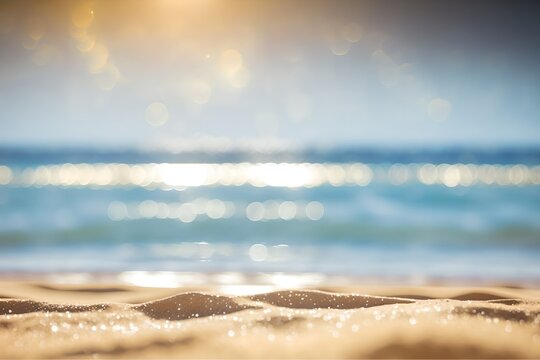 Summer beach with golden sand and blue sea, blur bokeh, summer background generative ai illustration, relax and rest