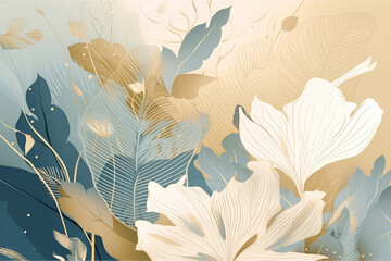 Luxury minimal style wallpaper with golden line art flower and botanical leaves Organic shapes Watercolor. 