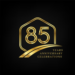 85 years anniversary. Lined gold hexagon and curving anniversary template.
