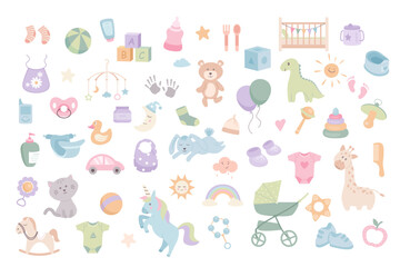 Accessories Items for Newborn Babies. Bundle of toys, clothes, stroller, baby care stuff, rattles, crib. The most necessary things for caring for a child. Cartoon flat vector illustration.