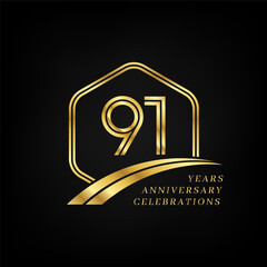 91 years anniversary. Lined gold hexagon and curving anniversary template.