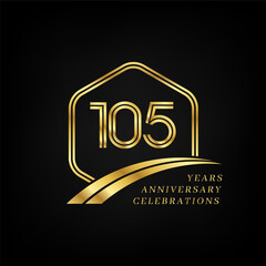 105 years anniversary. Lined gold hexagon and curving anniversary template.