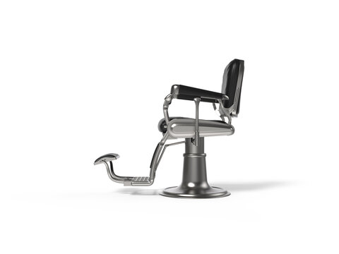 Vintage barber shop arm chair iron polish chrome with black leather isolated on white background 3d rendering image left side view
